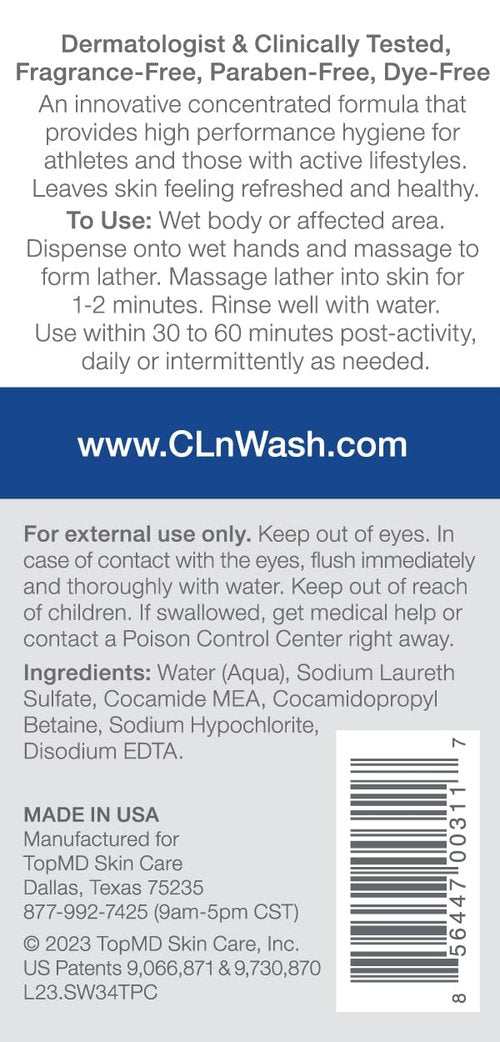 CLn® SportWash – High-Performance Sport Body Wash, For Men & Women Prone to Body Odor, Foot Odor, Ringworm, Folliculitis, & Back Acne, Fragrance-Free & Paraben-Free, 3.4 fl. oz.
