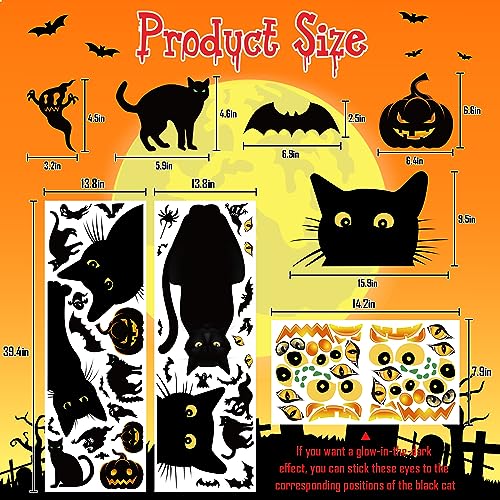 Halloween Window Clings Set - Black Cat, Pumpkin, Bats, Spiders Glow in Dark Decorations