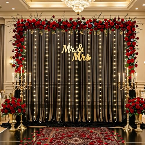 Black Sheer Backdrop Curtains with String Lights for Parties & Photos 10x15ft - 2 Panels
