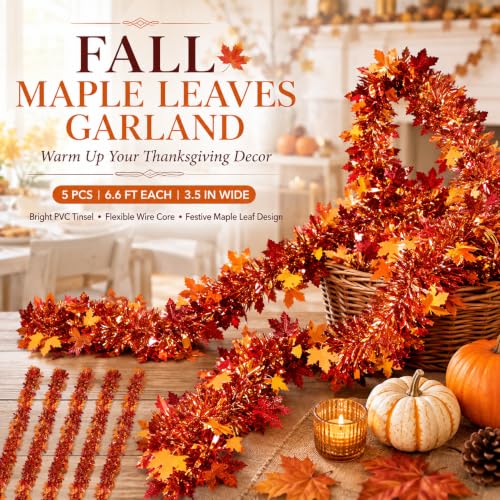 Rainflow 5 Pack Fall Maple Leaves Garland - Orange Red Thanksgiving Tinsel