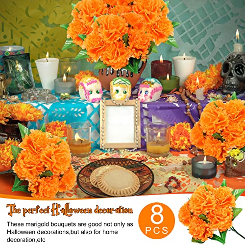 Artificial Marigold Flowers Bulk 8 Pack Halloween Day of the Dead Decorations - Orange