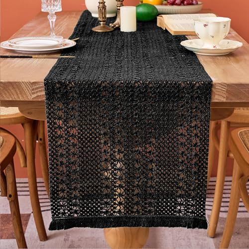Black Macrame Burlap Table Runner - Farmhouse Boho Decor, 11.8 x 35.4 in - Variation of THIS listing