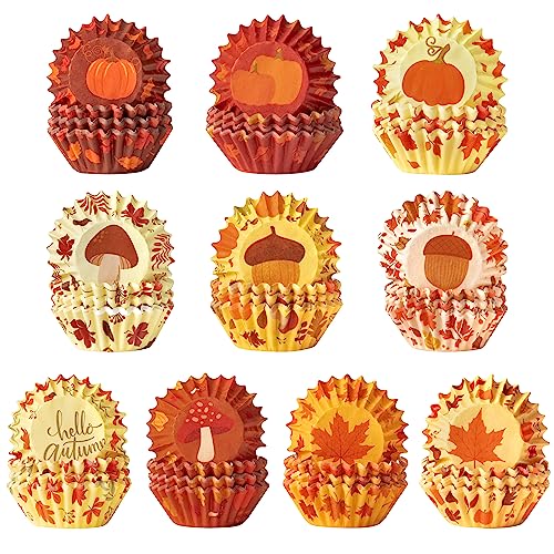 Fall Mini Cupcake Liners - 600 Pcs Autumn Pumpkin Maple Leaf Baking Cups - Thanksgiving Halloween Party Supplies