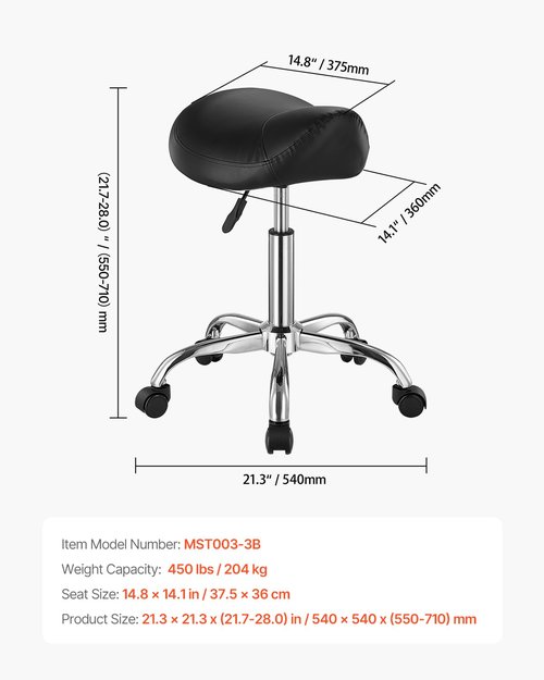 VEVOR Saddle Stool with Wheels, 450 LBS Weight Capacity Ergonomic Rolling Stool, Height Adjustable Thickened PU Leather Swivel Saddle Chair for Salon, Spa, Massage, Tattoo, Clinic, Black