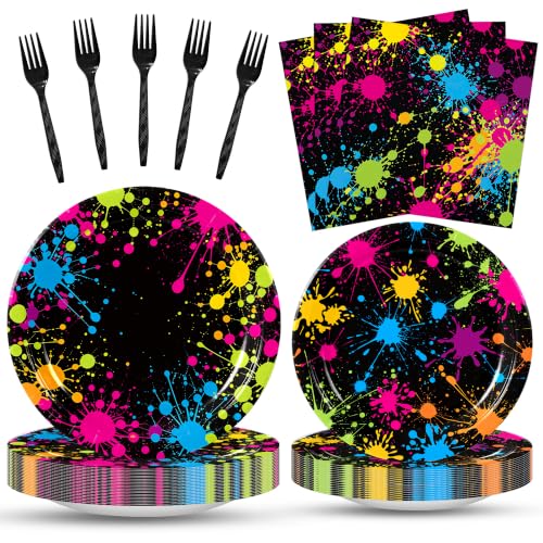 Neon Party Dinnerware Set for 25 - Colorful Graffiti Disposable Plates & Napkins