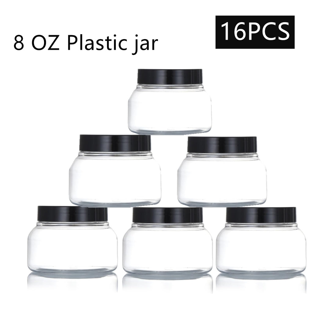 Zentriqlla 16 Pack 8 Oz Plastic Jars with Black Lids, BPA Free Empty Body Scrub Containers, Round Clear Samples Jars for Sugar Scrub, Lotion, Body Butter, Cream
