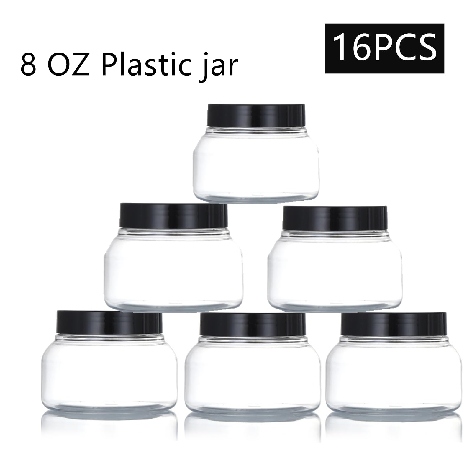 Zentriqlla 16 Pack 8 Oz Plastic Jars with Black Lids, BPA Free Empty Body Scrub Containers, Round Clear Samples Jars for Sugar Scrub, Lotion, Body Butter, Cream