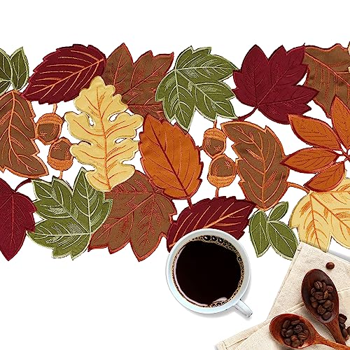 Fall Harvest Table Runner 54 Inch with Embroidered Maple Leaves - Coffee, 13" W