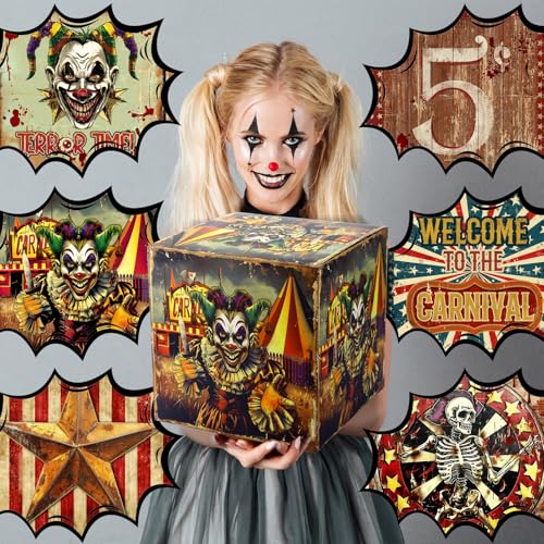 Halloween Circus Clown Gift Boxes - Large 12x12 Inches, Reusable Party Decorations - Retro Variation