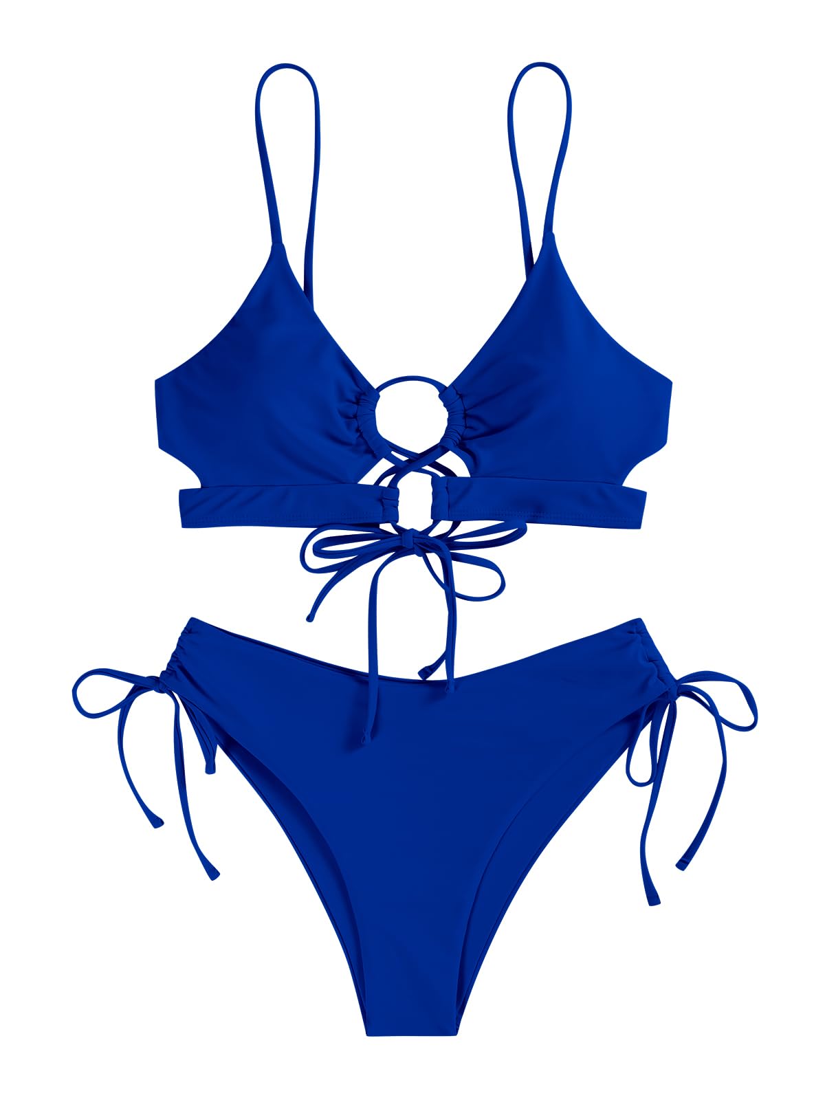 ZAFUL Bikini Sets 2 Piece Cheeky High Rise Swim Suits for Women 2025 Spaghetti Strap Criss Cross Bathing Suit Teen Girls Cut Out Swimsuit Modest Bottom Swimwear Royal Blue M