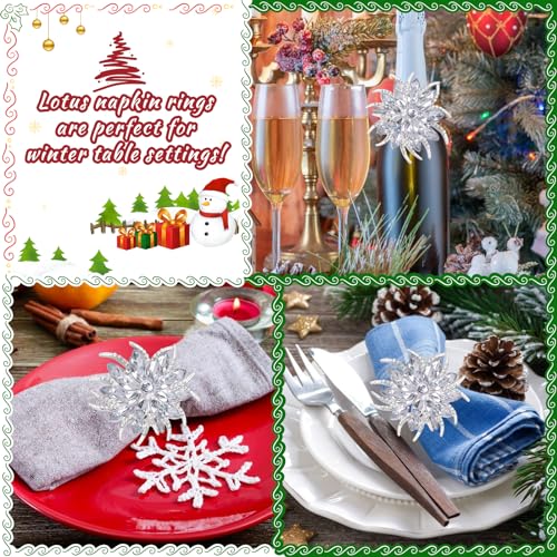 12 Pcs Christmas Lotus Flower Napkin Rings Set - Silver Rhinestone Holiday Table Decor