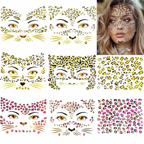 Gold Glitter Leopard Face Temporary Tattoos - 8 Sheets Halloween Costume Makeup for Kids & Adults