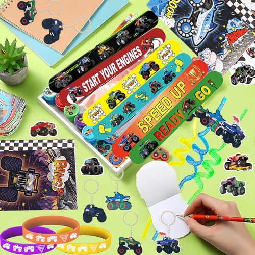 Monster Truck Party Favors Set for Birthday Decorations - 122 Pieces with Goodie Bags & Stickers