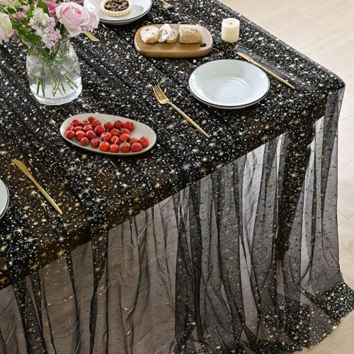 Horaldaily Black Gold Star Gauze Tablecloth 60x84 Inch Rectangular - Durable Polyester Home Decor