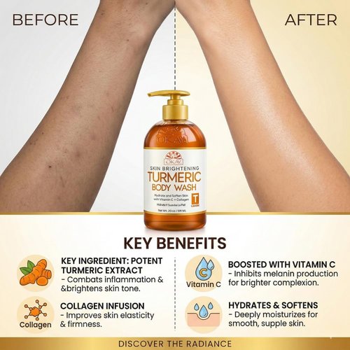 OKAY Turmeric Body Wash - Skin Brightening Cleanser with Vitamin C & Collagen for Even Tone | 20 oz