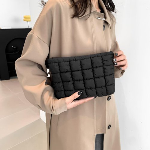 HFLZBRO Puffy Quilted Makeup Bag for Women, Cosmetic Bag, Travel Toiletry Organizer Pouch Clutch (black)