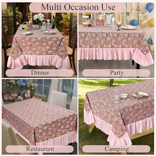 Dark Salmon Pink Cotton Ruffle Hand Block Print Tablecloth 60x60 Square - Ridhi