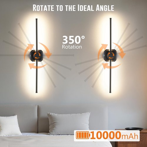 HEERTTOGO Battery Operated Wall Sconces - Set of 2 | 360° Rotatable Dimmable LED Lights with Remote Control