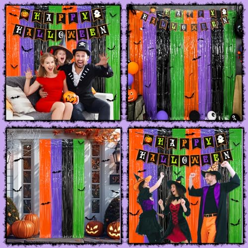 Multicolor Halloween Foil Fringe Curtains Party Decor with Bat Stickers & Banner - 3 Pack