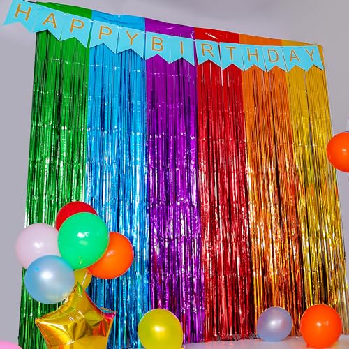 Rainbow Foil Fringe Curtains 2 Pack - Birthday Party Decorations 3.3x6.6 ft
