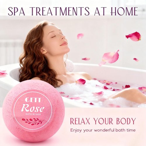 GETT Rose Bath Bombs 4-pcs, Individually Wrapped Bath Bombs for Men & Women, Luxury Gift Set with Vegan and Essential Oils, Relaxing and Moisturizing Bubble Bath, Organic Bath Essentials for All