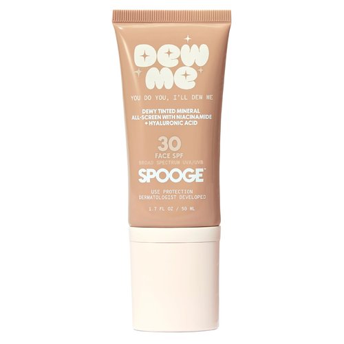 SPOOGE Dew Me Mineral All-Screen - Tinted SPF 30 Face Sunscreen with Hyaluronic Acid + Niacinamide for Golden Glow Dewy Finish - Dermatologist Developed, Makeup Primer Complexion Perfector - (1.7 Oz)