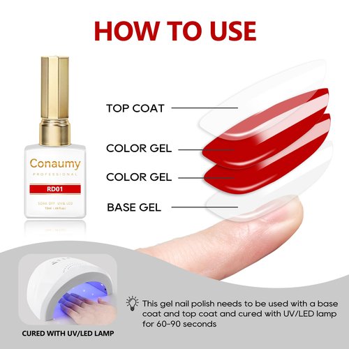 Conaumy Red Gel Polish 1 Pcs 13ml, Bright Red Gel Nail Polish Red, Neon Red Gel Polish for UV Light Easy to Apply Soak Off Red Nail Polish Manicure Salon DIY at Home Suitable for Beginners