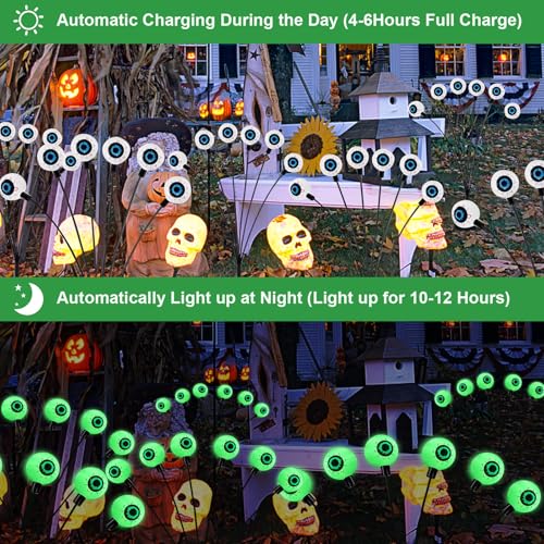 Solar Halloween Eyeball Lights - Waterproof Outdoor 12 LED Swirling Green Pathway Decor - 2 Pack