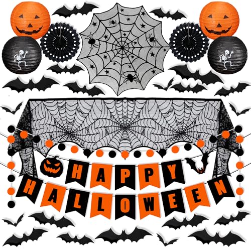 Halloween Decorations Indoor Set with Paper Lanterns Bat Stickers Banner & Mantel Scarf