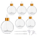 AGENIZ Clear Dropper Bottles 2 OZ 6 Pcs Transparent Round Flat Glass Bottles with Eye Dropper, for Perfume Serums Hair Oils and other liquids (Clear-Gold Lids, 2 OZ)