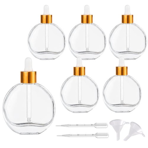 AGENIZ Clear Dropper Bottles 2 OZ 6 Pcs Transparent Round Flat Glass Bottles with Eye Dropper, for Perfume Serums Hair Oils and other liquids (Clear-Gold Lids, 2 OZ)