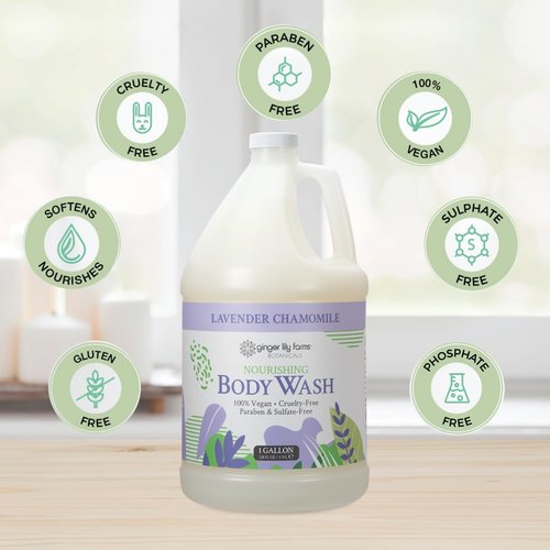 Ginger Lily Farms Botanicals Nourishing Body Wash, 100% Vegan & Cruelty-Free, Bath & Shower Gel for Men and Women, Lavender Chamomile Scent, 1 Gallon Refill (128 fl oz)