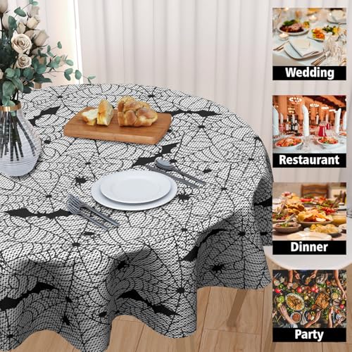 Halloween Bat Tablecloth 60 Inch Round Spider Web Design Washable & Stain-Resistant