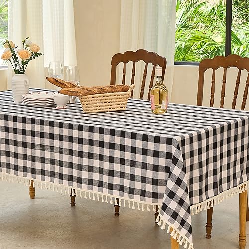 Black and White Checkered Rectangle Tablecloth 55x84 Inches with Tassels - Farmhouse Style