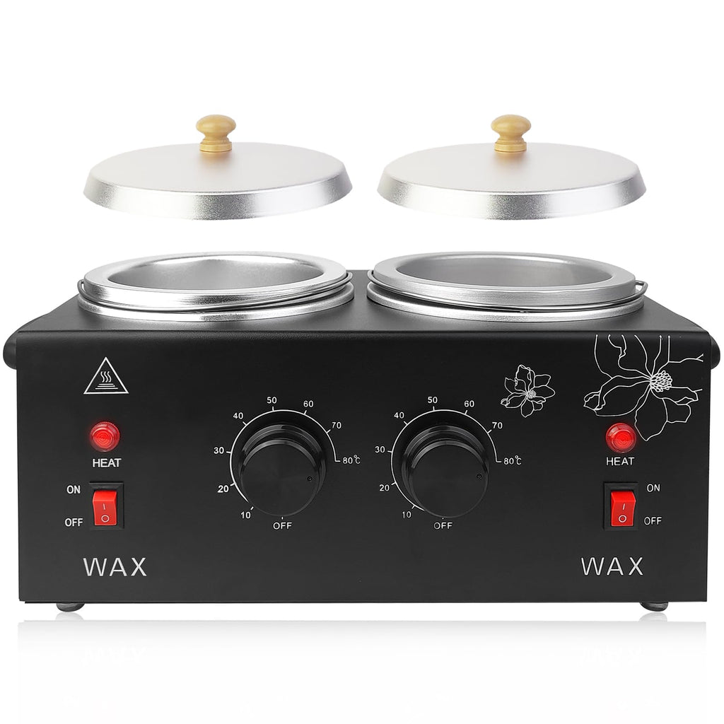 Wax Warmer for Hair Removal, Professional Waxing Heater Pot with Adjustable Temperature for Women Men, with 20 Wooden Wax Sticks (Black-Double Pots)