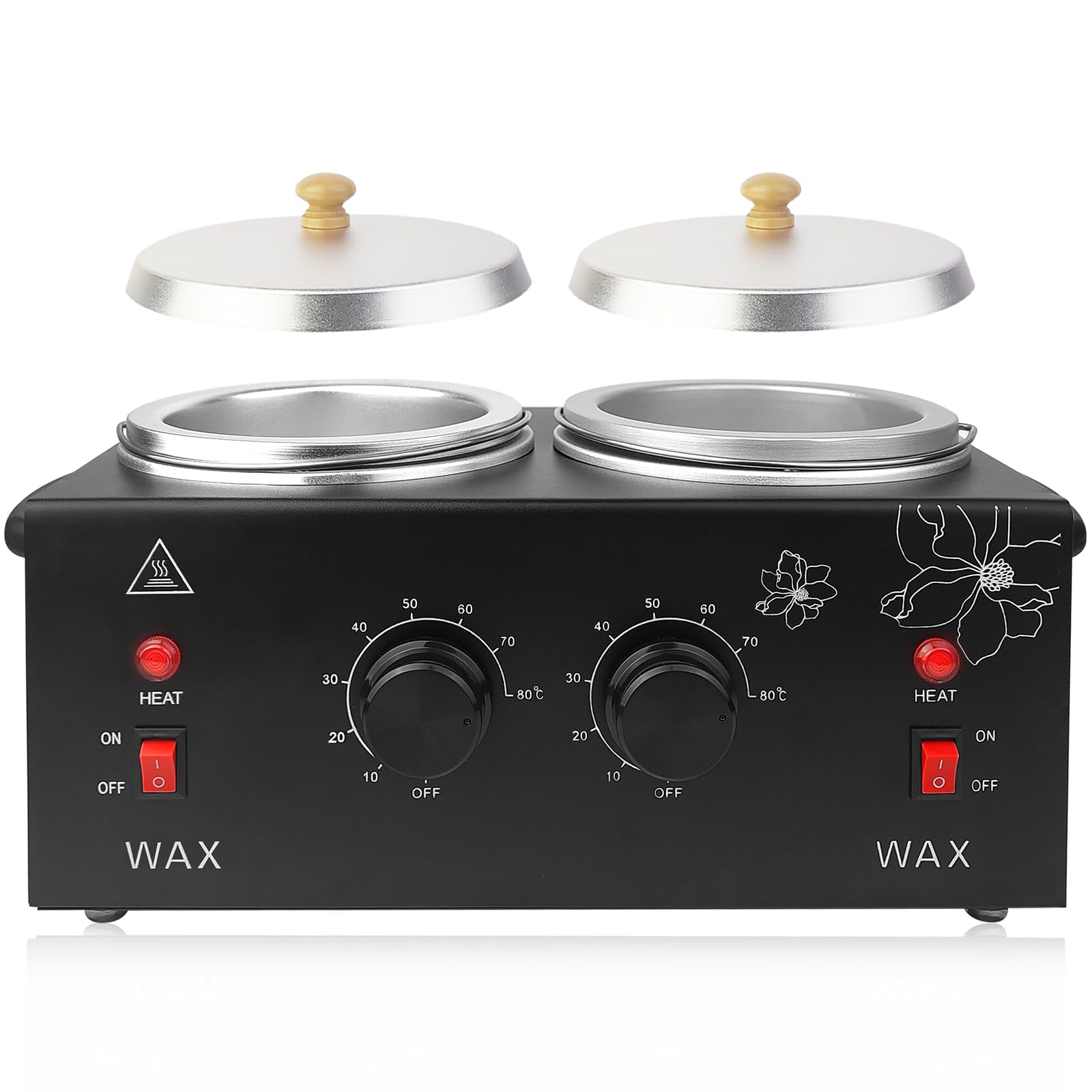 Wax Warmer for Hair Removal, Professional Waxing Heater Pot with Adjustable Temperature for Women Men, with 20 Wooden Wax Sticks (Black-Double Pots)