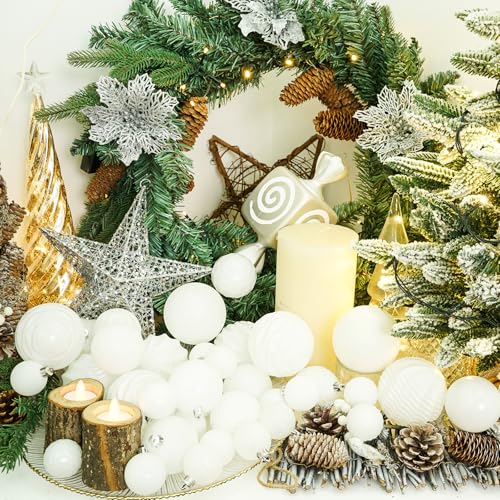 Christmas Ball Ornaments 16 Pack - Shatterproof Large Hanging Xmas Decorations, White, 3.15"