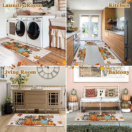 Fall Pumpkin Kitchen Rug Set of 3 - Washable Harvest Mats with Runner Variations