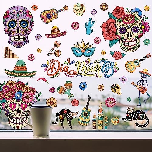 Day of the Dead Window Clings - Sugar Skull Halloween Decor - 9 Pcs