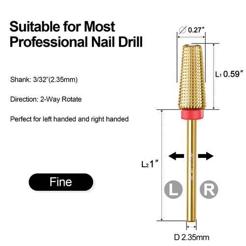 Tungsten Nail Drill Bits 5 in 1 Carbide Nail Drill Bits for Acrylic Hard Gel Cuticle Remove 3/32'' Universal Bits for Efile Nail Drill Machine Manicure Pedicure Salon (Gold Fine Straight Cut x2)