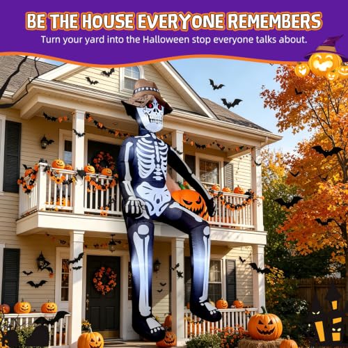 10FT Sitting Skeleton Halloween Inflatable with LED Lights - Outdoor Decor, Ghostly Skeleton with Pumpkin, Variation: Sitting Skeleton