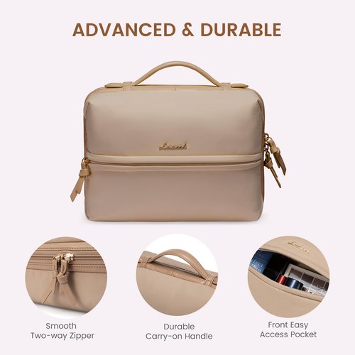 LOVEVOOK Travel Toiletry Bag With Hanging Hook for Women, Puffy Cosmetic Makeup Bag Organizer with Vegan Leather Handle for Accessories, Essentials, Toiletries, Khaki