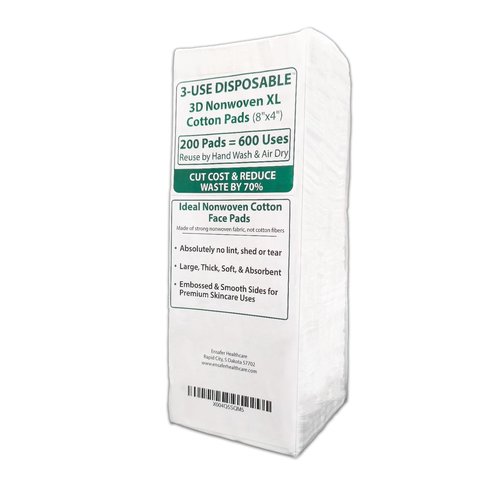 3-Use Disposable Nonwoven Cotton Pads (2XL 8"x4") 200 Cts (600 Uses), Cut Cost & Disposal Waste by 70%, Ultra Thick Soft & Durable, No Lint & Tearing Even Stretched, Ideal for Makeup Removal
