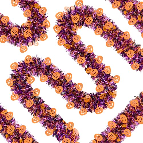 Halloween Tinsel Garland 66 Ft - Purple Black & Orange Glitter Streamers for Party & Home Decor