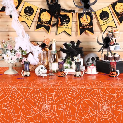Halloween Spider Web Tablecloth - Waterproof Disposable Orange Rectangular Cover 54x108 Inch - 3 Pack