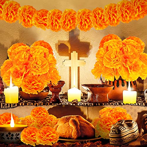 50PCS Artificial Marigold Flower Heads with Stems - Orange for Diwali Wedding Party Decor
