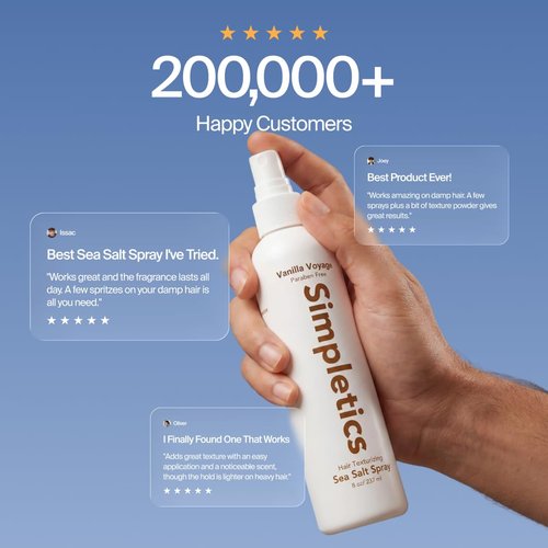 Simpletics Himalayan Sea Salt Hair Spray - Vanilla Scented, Natural 5-Ingredient Formula for Beach Waves & Volume | Light Hold, Non-Greasy, Paraben & Sulfate Free - 8 fl oz