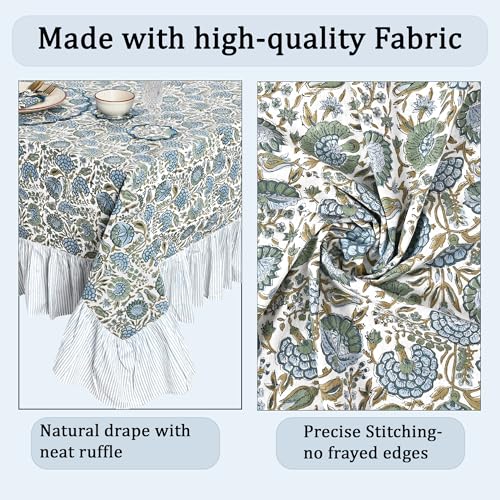 Asparagus Green Cotton Tablecloth 60x60 Ruffle Hand Block Print Decor