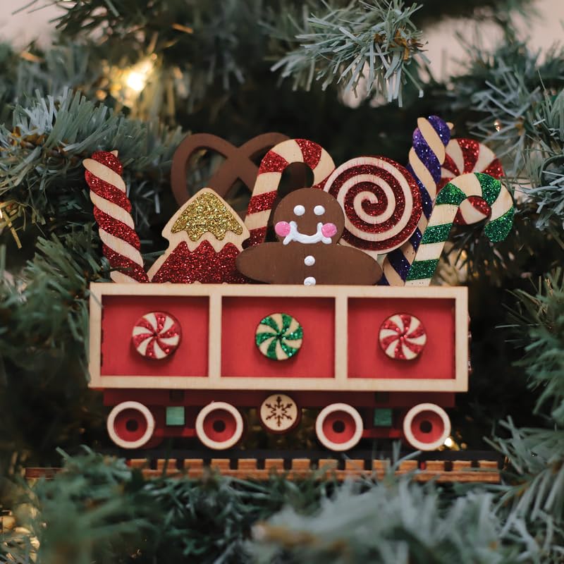 Christmas Wooden Candy Cane Train Ornament - Handcrafted Holiday Decor