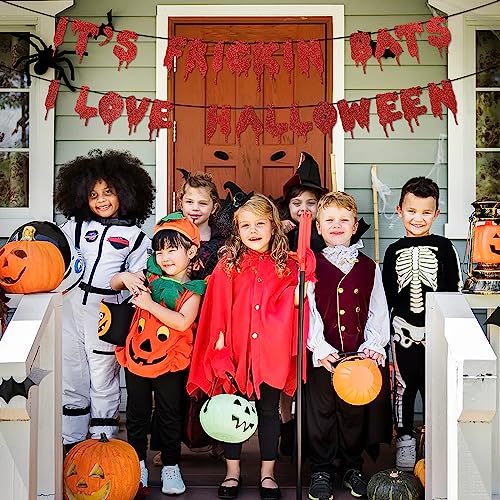 Red Glitter Halloween Banner - It's Frickin Bats Wall Decor Party Garland